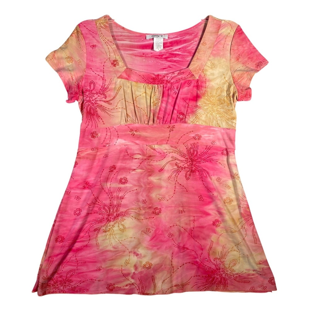 Only 9 Pink Yellow Tie Dye Boho Floral Embroidered Tunic Top Shirt Women's Large